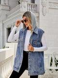 Drawstring Pocketed Button Up Sleeveless Denim Jacket - Trendsi - Flyclothing LLC