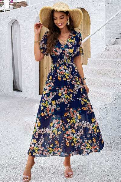 Smocked Floral V-Neck Short Sleeve Dress - Trendsi - Flyclothing LLC