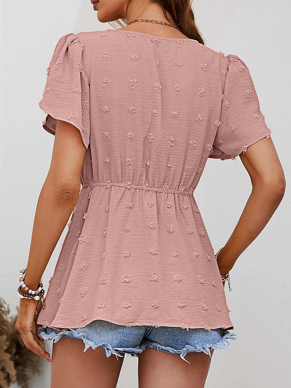 Swiss Dot Buttoned Petal Sleeve Peplum Blouse - Trendsi - Flyclothing LLC