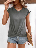 Spliced Lace V-Neck Twisted Hem Tee - Trendsi - Flyclothing LLC