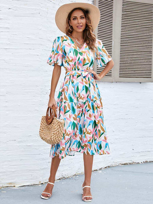 Printed Tie-Waist V-Neck Flutter Sleeve Dress - Trendsi - Flyclothing LLC