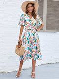 Printed Tie-Waist V-Neck Flutter Sleeve Dress - Trendsi - Flyclothing LLC