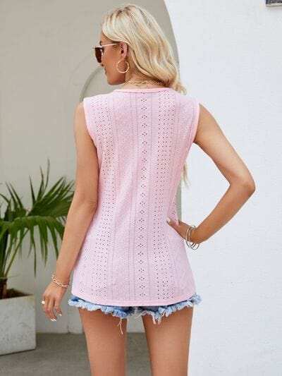 Eyelet Lace Detail V-Neck Tank - Trendsi - Flyclothing LLC