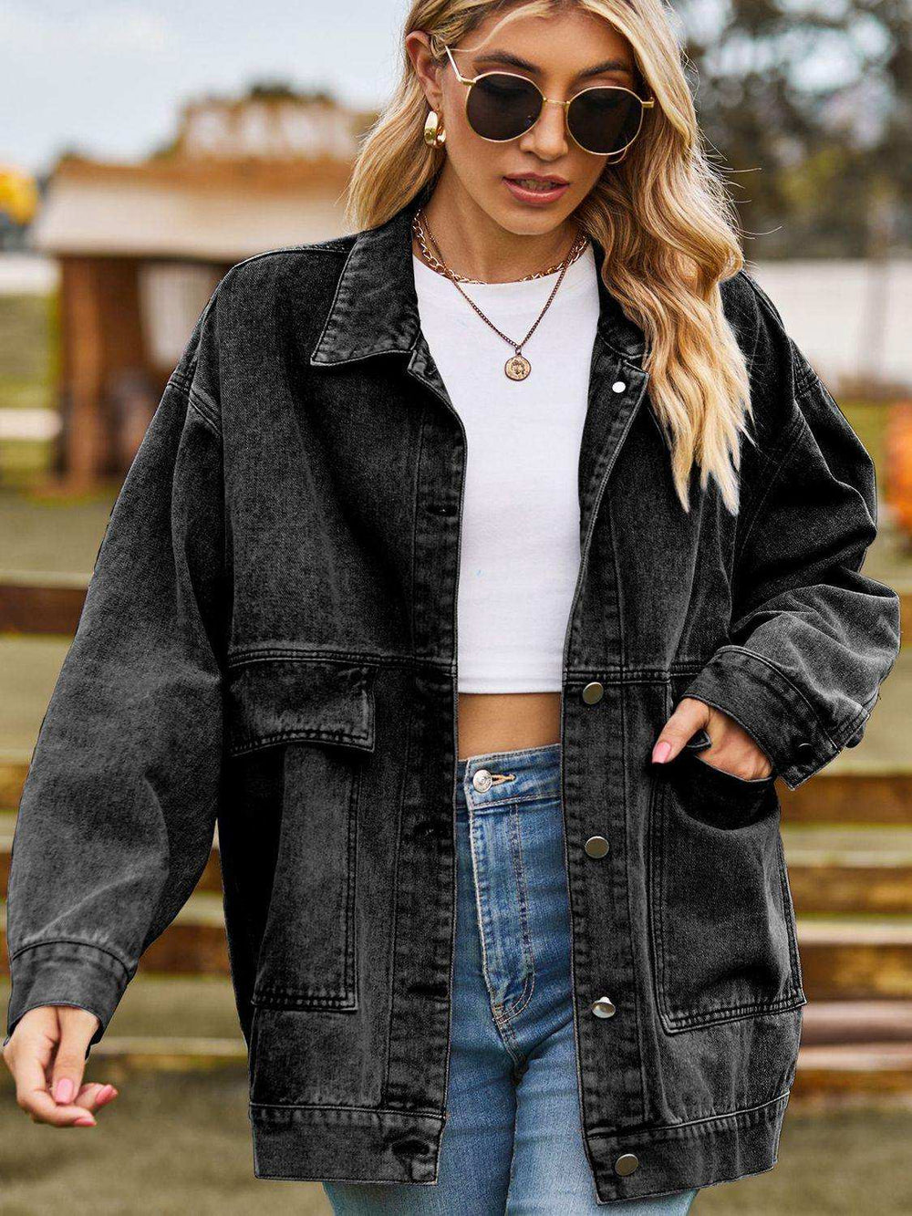 Dropped Shoulder Denim Jacket with Pockets - Trendsi - Flyclothing LLC