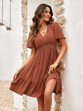 Swiss Dot V-Neck Openwork Puff Sleeve Dress - Trendsi - Flyclothing LLC