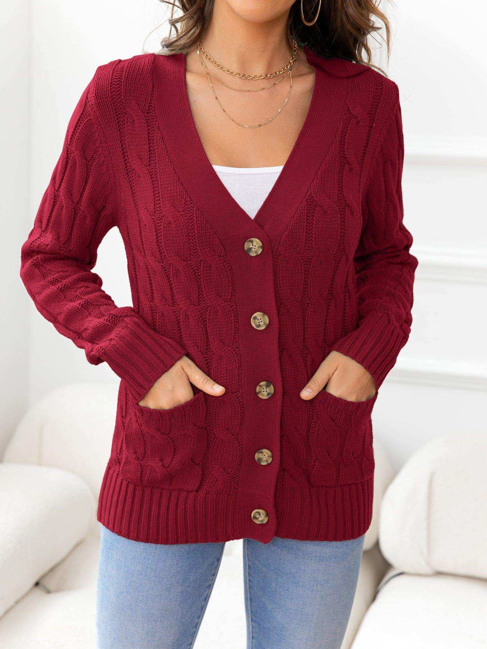 Button Down Cable-Knit Cardigan - Trendsi - Flyclothing LLC