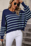 Striped Dropped Shoulder Round Neck Pullover Sweater - Trendsi - Flyclothing LLC