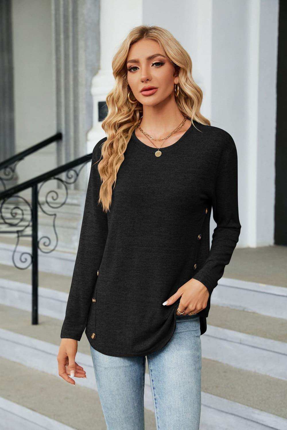 Round Neck Long Sleeve T-Shirt - Trendsi - Flyclothing LLC