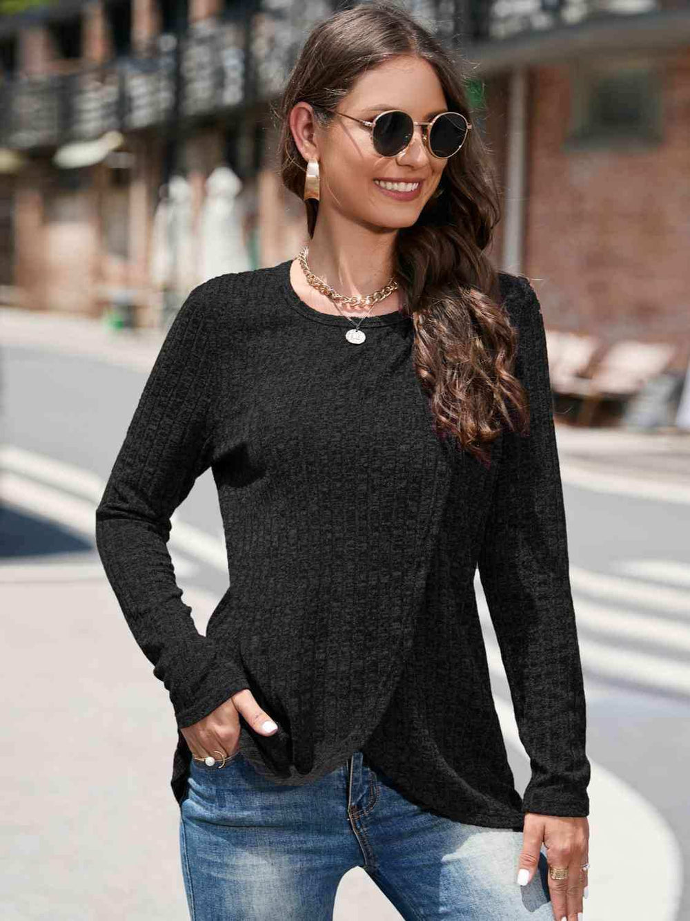 Round Neck Long Sleeve T-Shirt - Trendsi - Flyclothing LLC