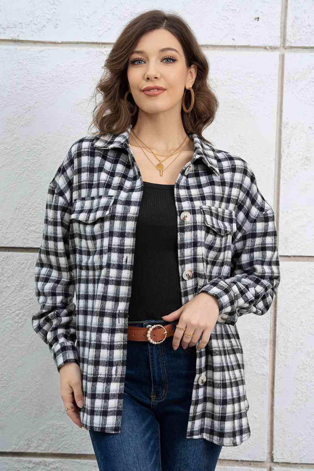 Plaid Dropped Shoulder Shirt Jacket - Trendsi - Flyclothing LLC