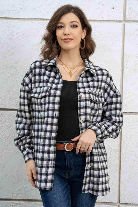 Plaid Dropped Shoulder Shirt Jacket - Trendsi - Flyclothing LLC