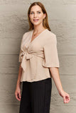 V-Neck Tie Front Half Sleeve Blouse - Trendsi - Flyclothing LLC