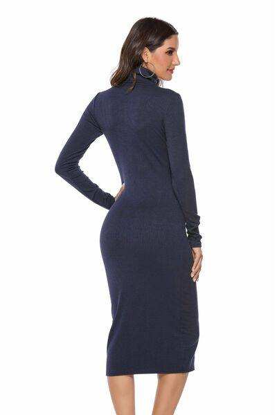 Ribbed Turtleneck Long Sleeve Dress - Trendsi - Flyclothing LLC