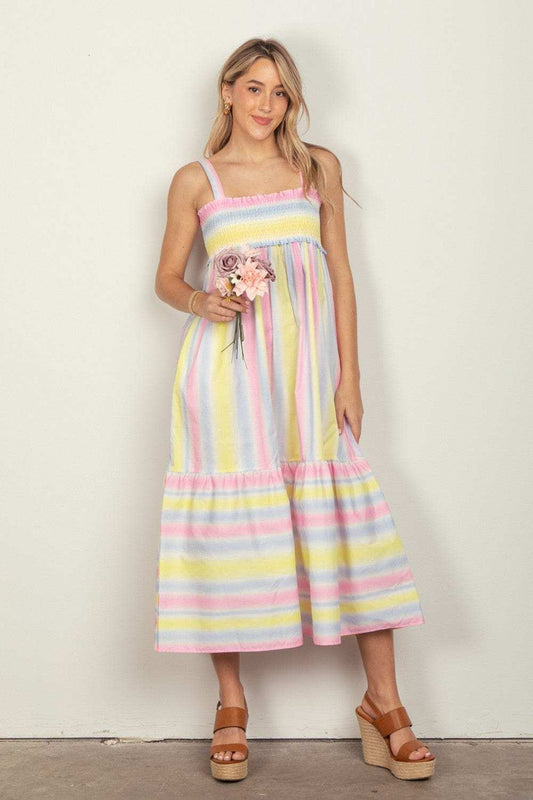 VERY J Striped Woven Smocked Midi Cami Dress - Trendsi - Flyclothing LLC