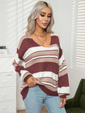 Striped V-Neck Long Sleeve Knit Top - Trendsi - Flyclothing LLC