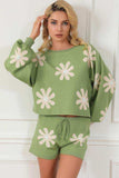 Flower Pattern Long Sleeve Sweater and Drawstring Shorts Set - Trendsi - Flyclothing LLC