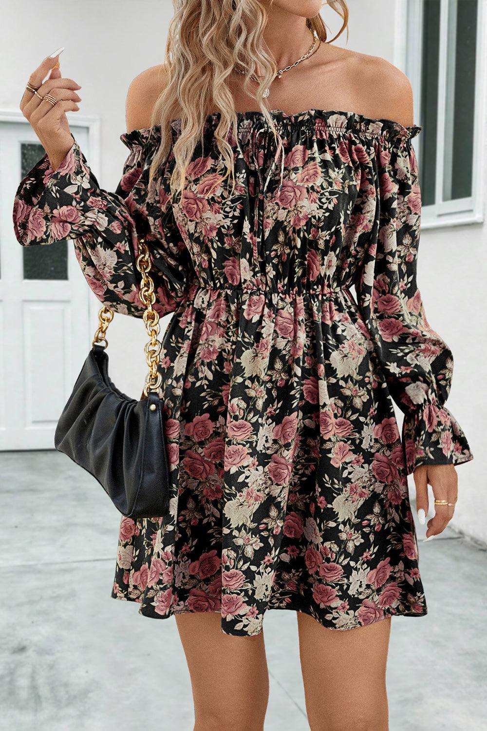 Floral Off-Shoulder Flounce Sleeve Dress - Trendsi - Flyclothing LLC