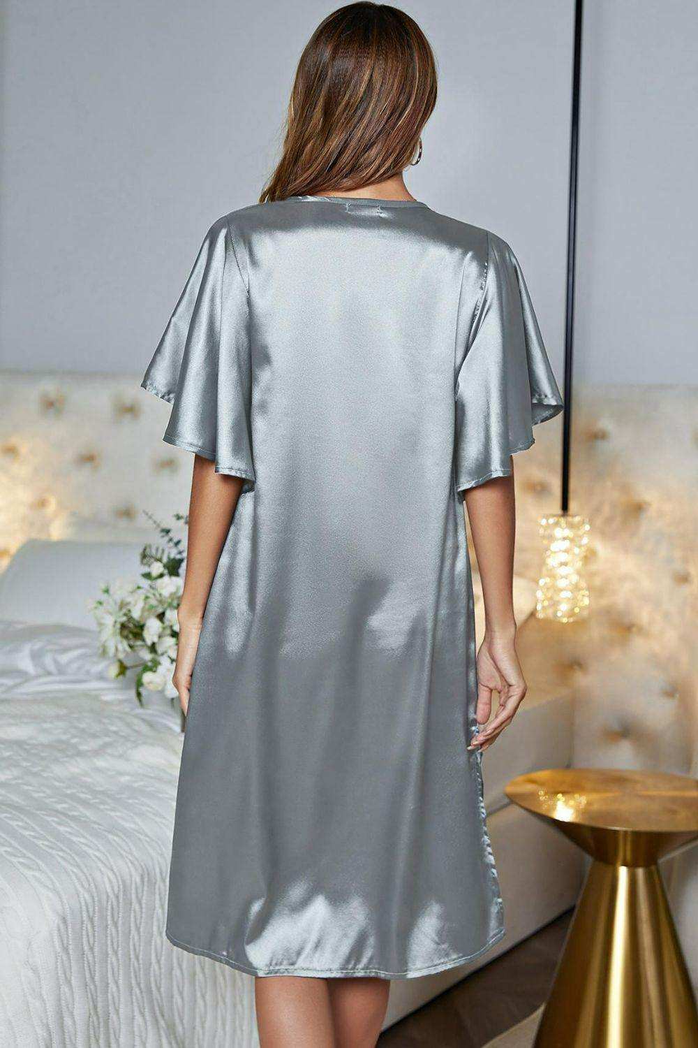Satin Flutter Sleeve Side Slit V-Neck Night Dress - Trendsi - Flyclothing LLC