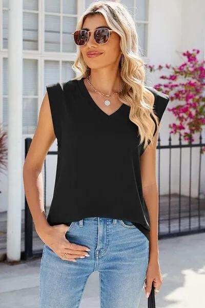 V-Neck Cap Sleeve Tank - Trendsi - Flyclothing LLC