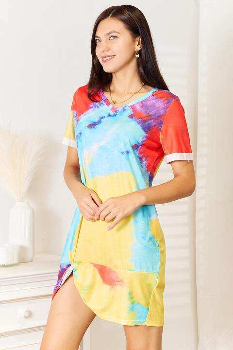 Double Take Tie-Dye V-Neck Twisted Dress - Trendsi - Flyclothing LLC