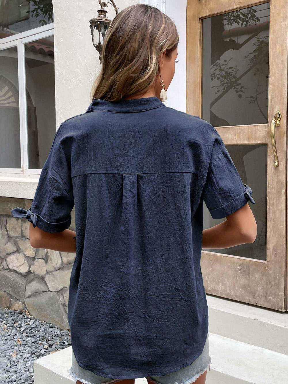 Buttoned Notched Neck Cuffed Sleeve Blouse - Trendsi - Flyclothing LLC