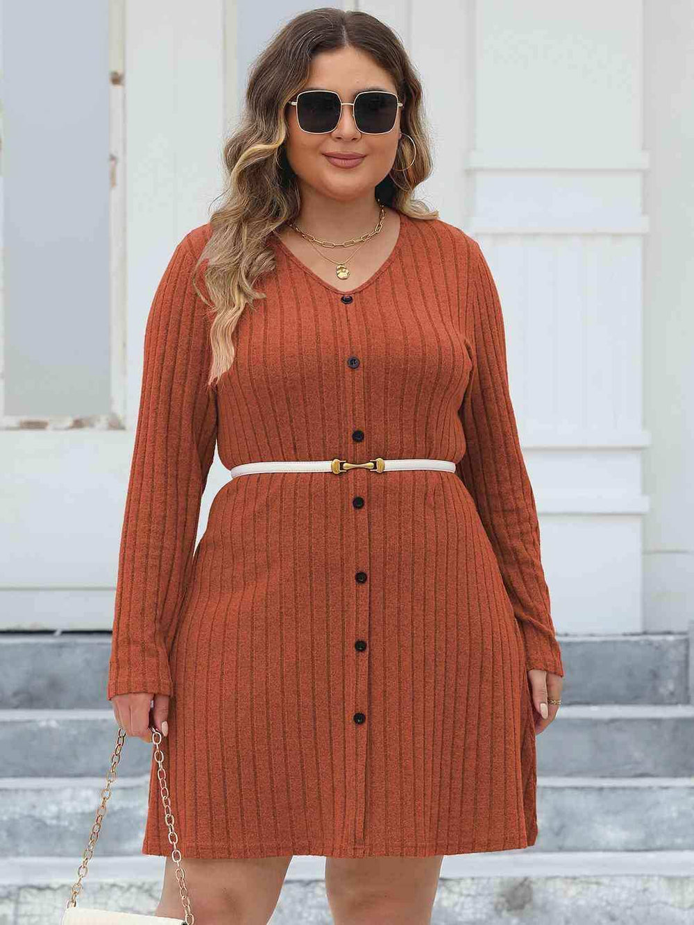 Plus Size Ribbed Buttoned V-Neck Long Sleeve Dress - Trendsi - Flyclothing LLC