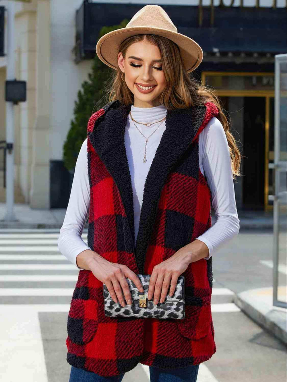 Plaid Hooded Vest - Trendsi - Flyclothing LLC