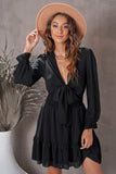 Tied Plunge Smocked Waist Flounce Sleeve Dress - Trendsi - Flyclothing LLC