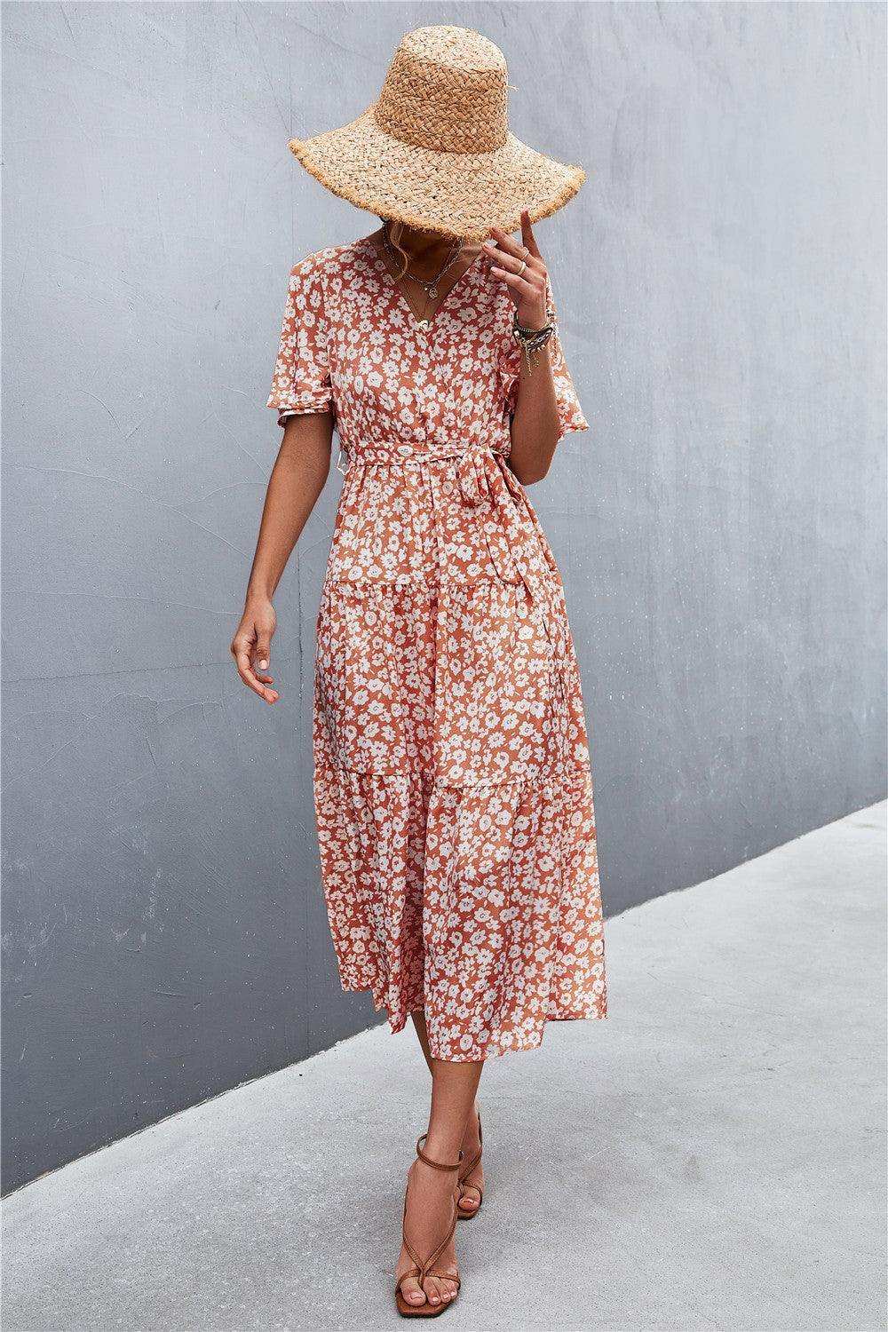 Printed V-Neck Flutter Sleeve Belted Dress - Trendsi - Flyclothing LLC