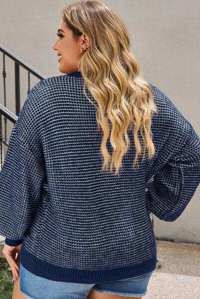 Plus Size Waffle-Knit Round Neck Dropped Shoulder Sweater - Trendsi - Flyclothing LLC