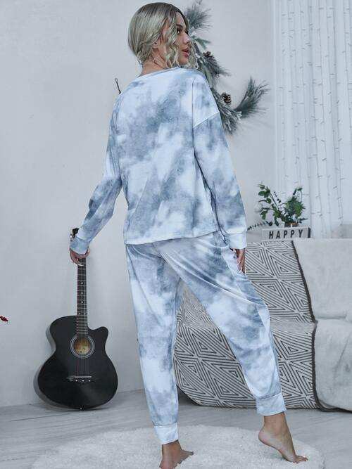 Tie-dye Round Neck Top and Drawstring Pants Lounge Set - Trendsi - Flyclothing LLC