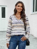 Striped V-Neck Long Sleeve T-Shirt - Trendsi - Flyclothing LLC