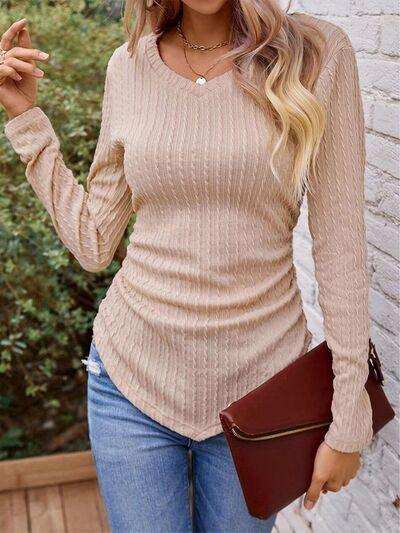 Textured Ruched V-Neck Long Sleeve T-Shirt - Trendsi - Flyclothing LLC