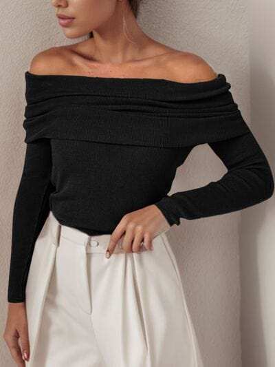 Off-Shoulder Long Sleeve Sweater - Trendsi - Flyclothing LLC
