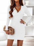 V-Neck Long Sleeve Ribbed Dress - Trendsi - Flyclothing LLC