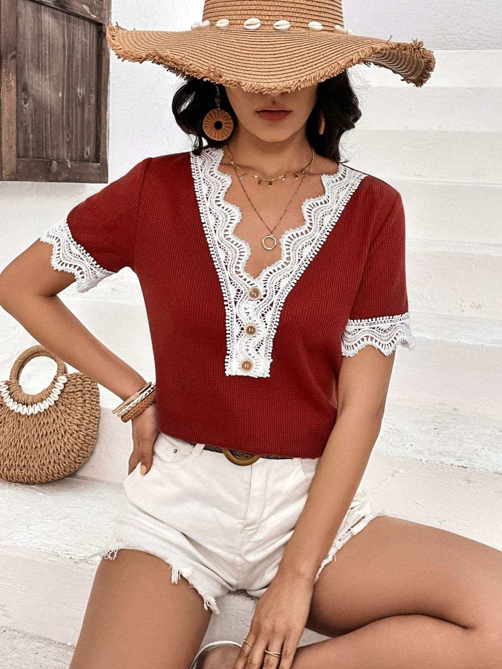 Lace Detail V-Neck Short Sleeve T-Shirt - Trendsi - Flyclothing LLC