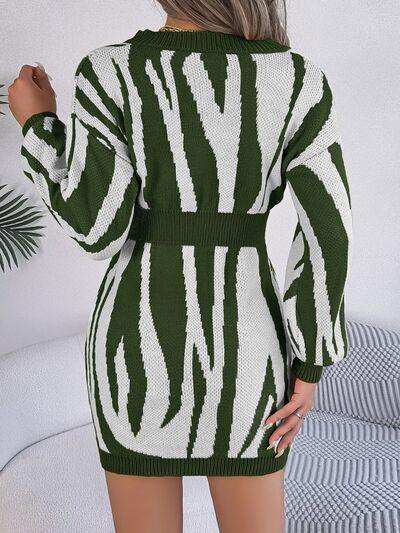 Animal Print V-Neck Long Sleeve Sweater Dress - Trendsi - Flyclothing LLC