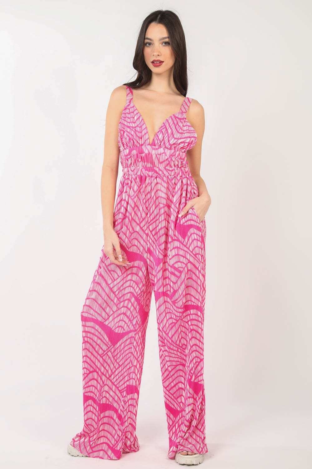 VERY J Printed Pleated Sleeveless Wide Leg Jumpsuit - Trendsi - Flyclothing LLC