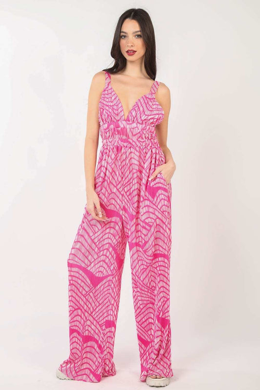 VERY J Printed Pleated Sleeveless Wide Leg Jumpsuit - Trendsi - Flyclothing LLC