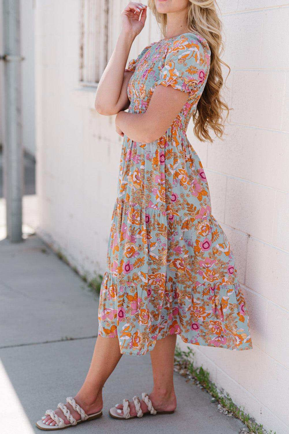 Floral Flounce Sleeve Round Neck Midi Dress - Trendsi - Flyclothing LLC