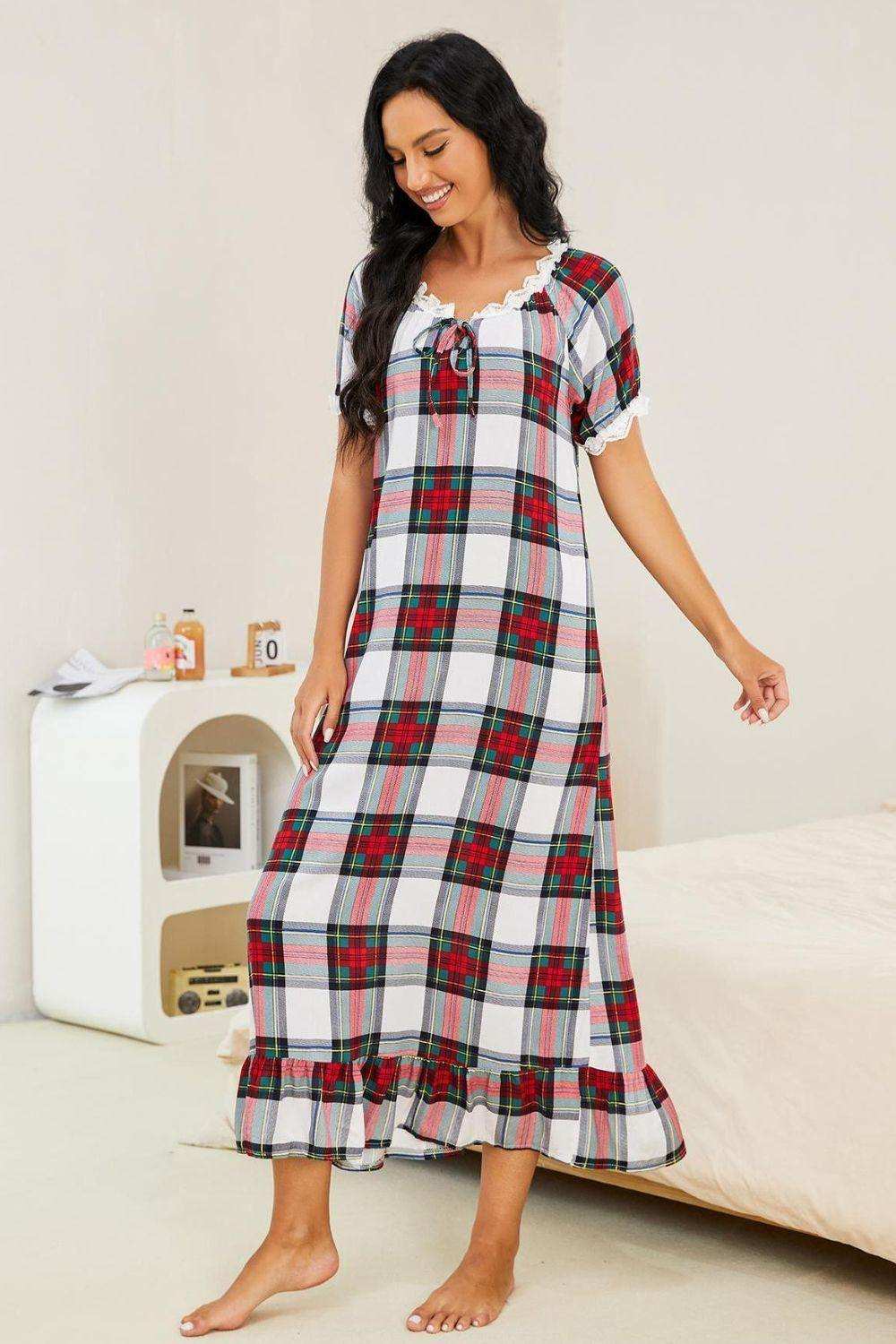 Plaid Lace Trim Ruffle Hem Night Dress - Trendsi - Flyclothing LLC