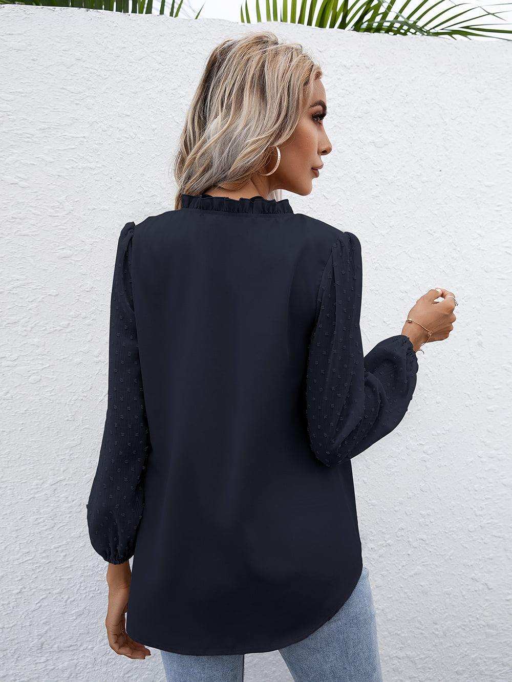 Swiss Dot Frill Trim Puff Sleeve Blouse - Trendsi - Flyclothing LLC