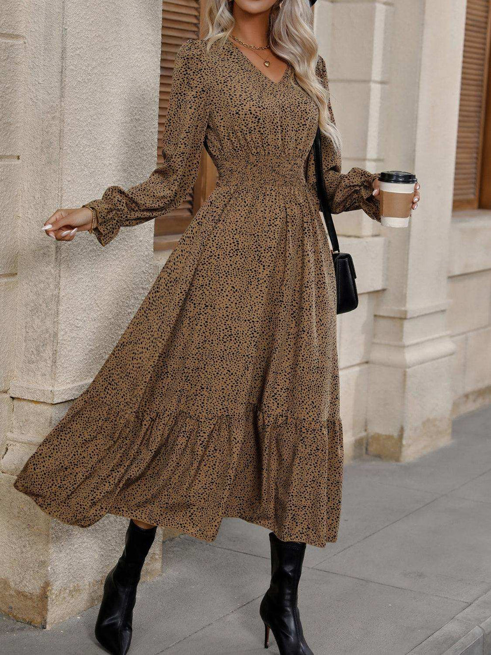 V-Neck Flounce Sleeve Ruffle Hem Dress - Trendsi - Flyclothing LLC