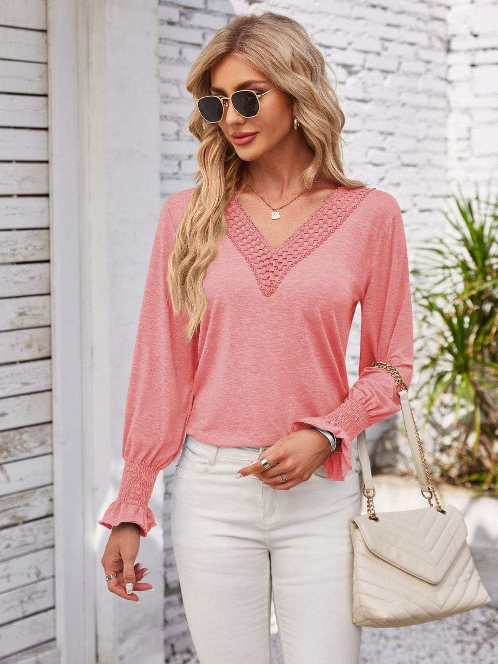 Smocked V-Neck Long Sleeve Blouse - Trendsi - Flyclothing LLC