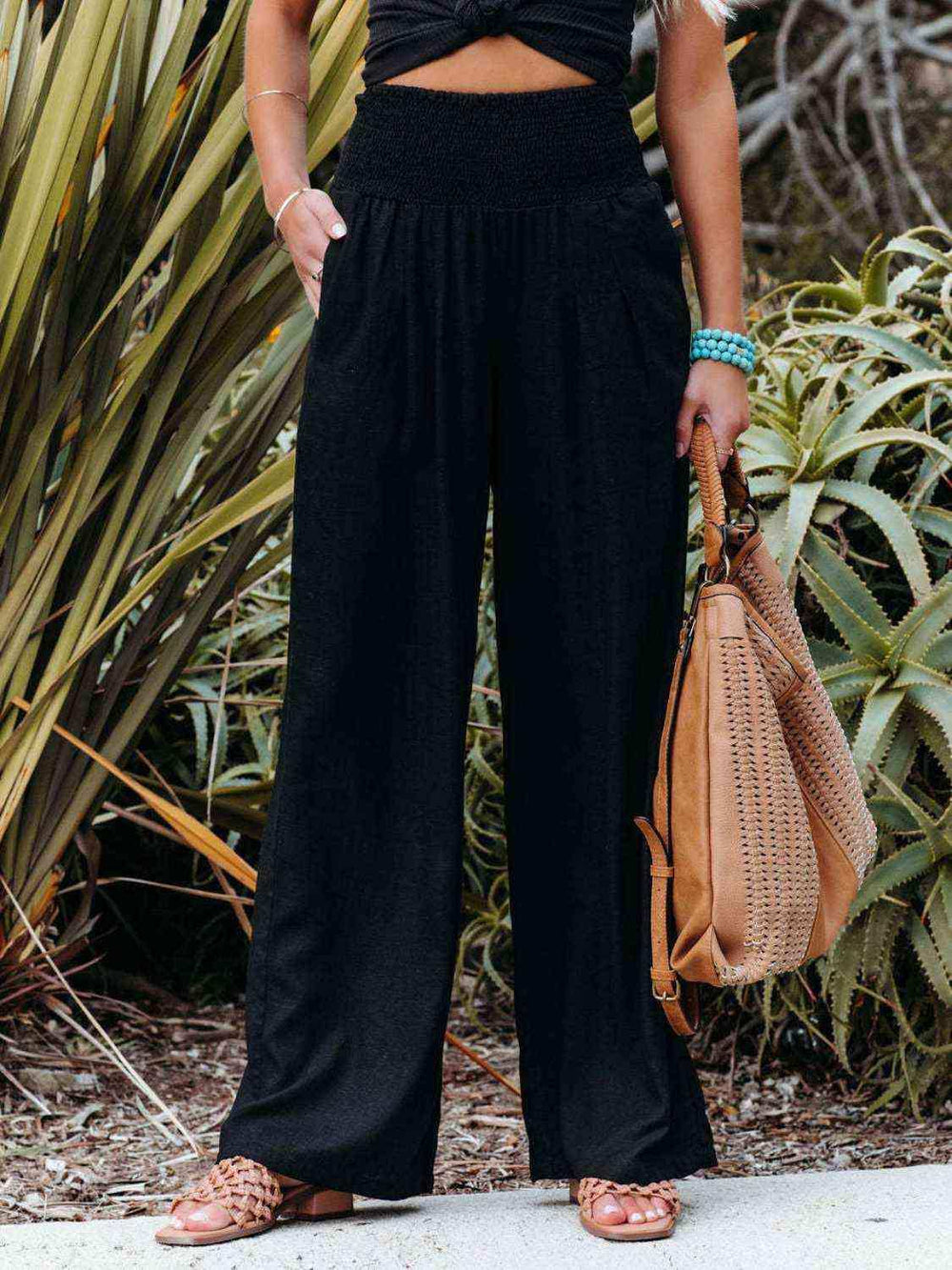 Full Size Smocked Waist Wide Leg Pants - Trendsi - Flyclothing LLC