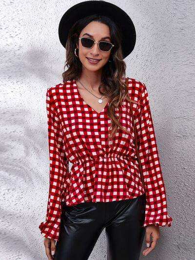Plaid V-Neck Balloon Sleeve Peplum Blouse - Trendsi - Flyclothing LLC