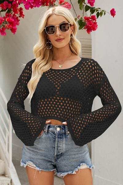 Openwork Round Neck Dropped Shoulder Knit Top - Trendsi - Flyclothing LLC