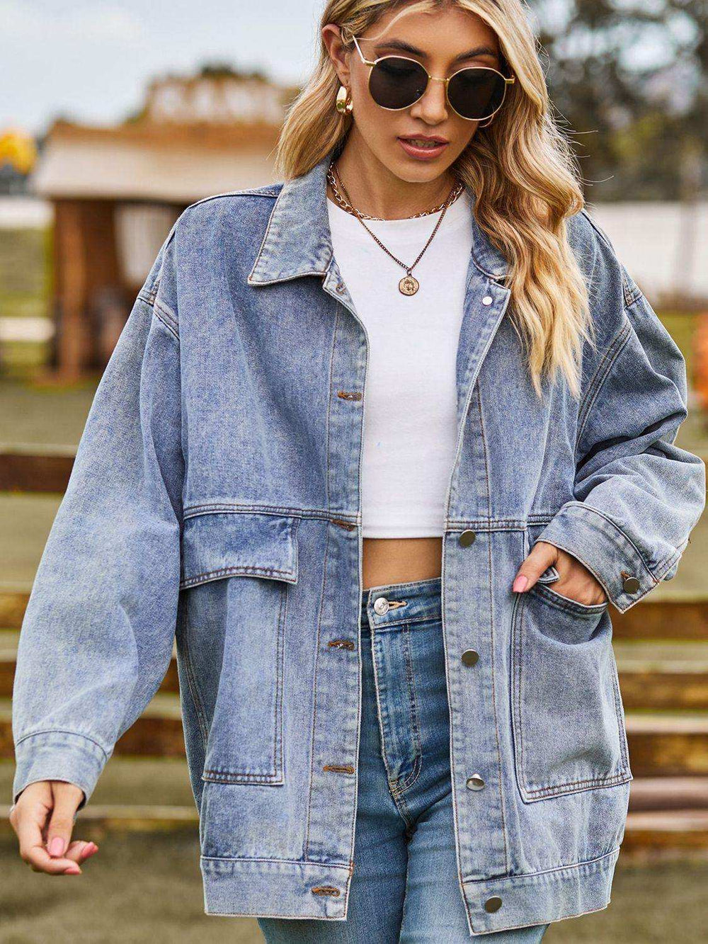 Dropped Shoulder Denim Jacket with Pockets - Trendsi - Flyclothing LLC