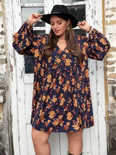 Plus Size Floral V-Neck Balloon Sleeve Dress - Trendsi - Flyclothing LLC
