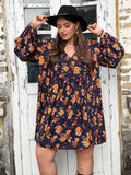 Plus Size Floral V-Neck Balloon Sleeve Dress - Trendsi - Flyclothing LLC